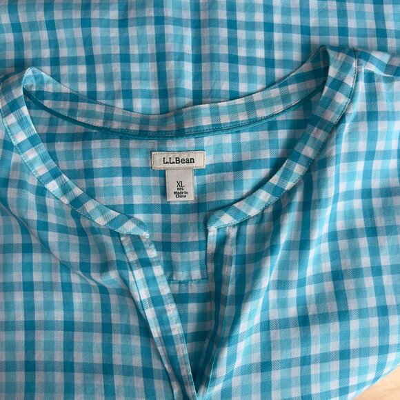 L.L. Bean Womens Button-Front Short Sleeve Plaid Shirt XL Blue & White Checkered - Picture 6 of 6